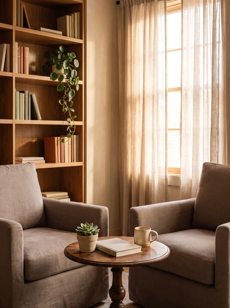 A warm, private counseling room with comfortable seating and natural light
